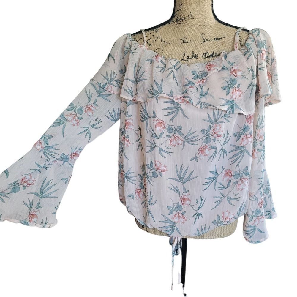 Flowy Crepe Long Bell Sleeve Botanical Floral Top Size XXL